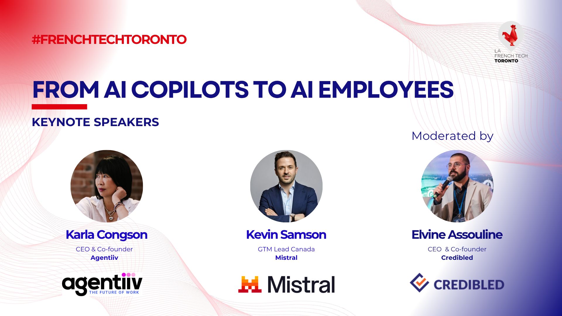 From AI Copilots to AI Employees panel with Karla Congson of Agentiiv, Kevin Samson of Mistral, and moderator Elvine Assouline of Credibled